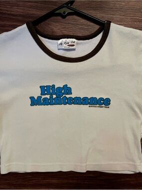 High Maintenance White Crop Tee with Blue Logo